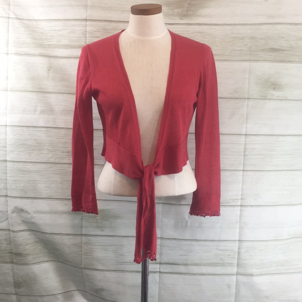 EAST Red Cropped Tie Front Linen Cardigan